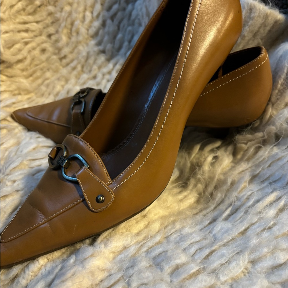 Anne Klein Tan Pointed-Toe Heels with Buckle Accent